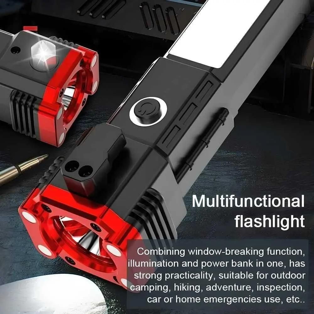 Portable Rechargeable Torch LED Flashlight Long Distance Beam Range with Power Bank, Hammer And Strong Magnets,Window Glass And Seat Belt Cutter 4 Modes for Car Outdoor Camping Hiking Indoor Outdoor