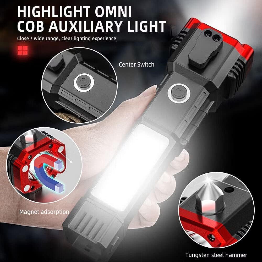 Portable Rechargeable Torch LED Flashlight Long Distance Beam Range with Power Bank, Hammer And Strong Magnets,Window Glass And Seat Belt Cutter 4 Modes for Car Outdoor Camping Hiking Indoor Outdoor