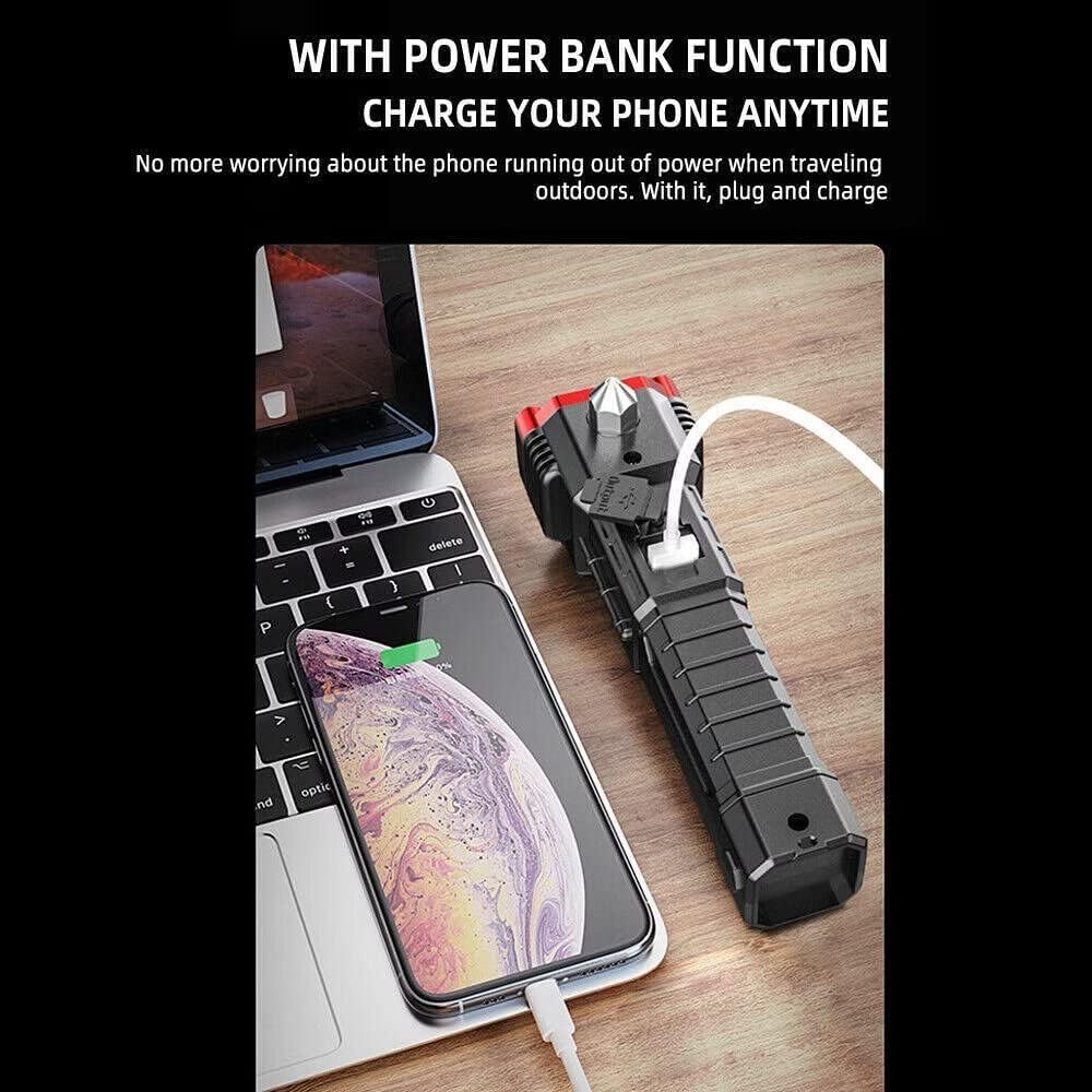 Portable Rechargeable Torch LED Flashlight Long Distance Beam Range with Power Bank, Hammer And Strong Magnets,Window Glass And Seat Belt Cutter 4 Modes for Car Outdoor Camping Hiking Indoor Outdoor