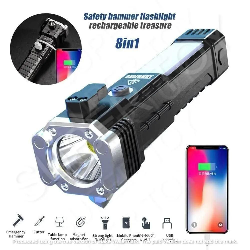 Portable Rechargeable Torch LED Flashlight Long Distance Beam Range with Power Bank, Hammer And Strong Magnets,Window Glass And Seat Belt Cutter 4 Modes for Car Outdoor Camping Hiking Indoor Outdoor